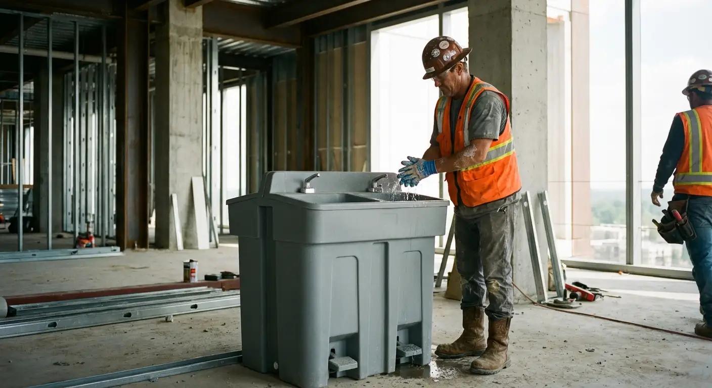 A dual-basin hand wash station positioned on a concrete floor of a high-rise construction site with the city skyline visible through open steel framing. in Tulsa, OK