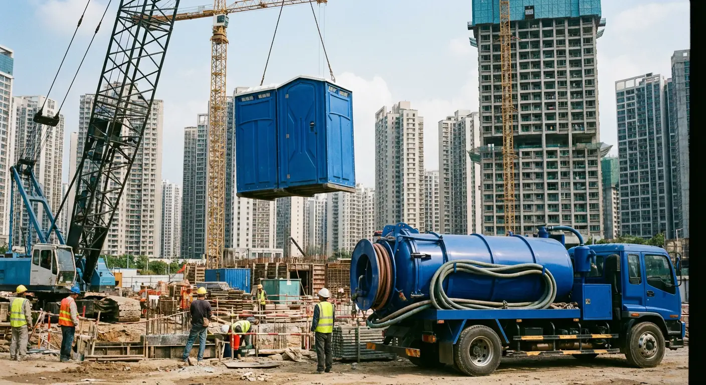 A High-Rise Crane Liftable Toilet unit suspended in mid-air by a crane against a city skyline during the day, showcasing the steel sling attachment. in Tulsa, OK