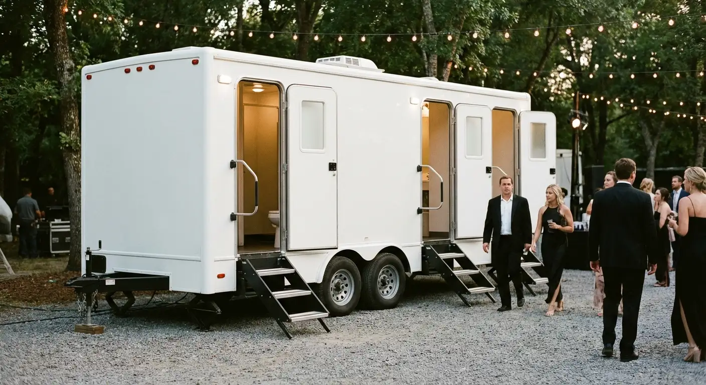 Exterior of a Luxury Restroom Trailer at an evening event, warm lighting spilling from the door, positioned discreetly near a manicured lawn. in Tulsa, OK