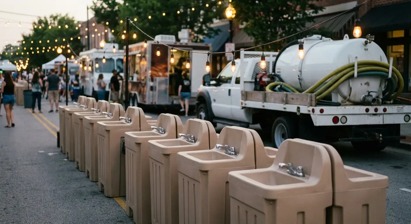 A row of clean, grey portable hand wash stations set up on pavement near food trucks, with blurred festival lights and crowd in the background. in Tulsa, OK