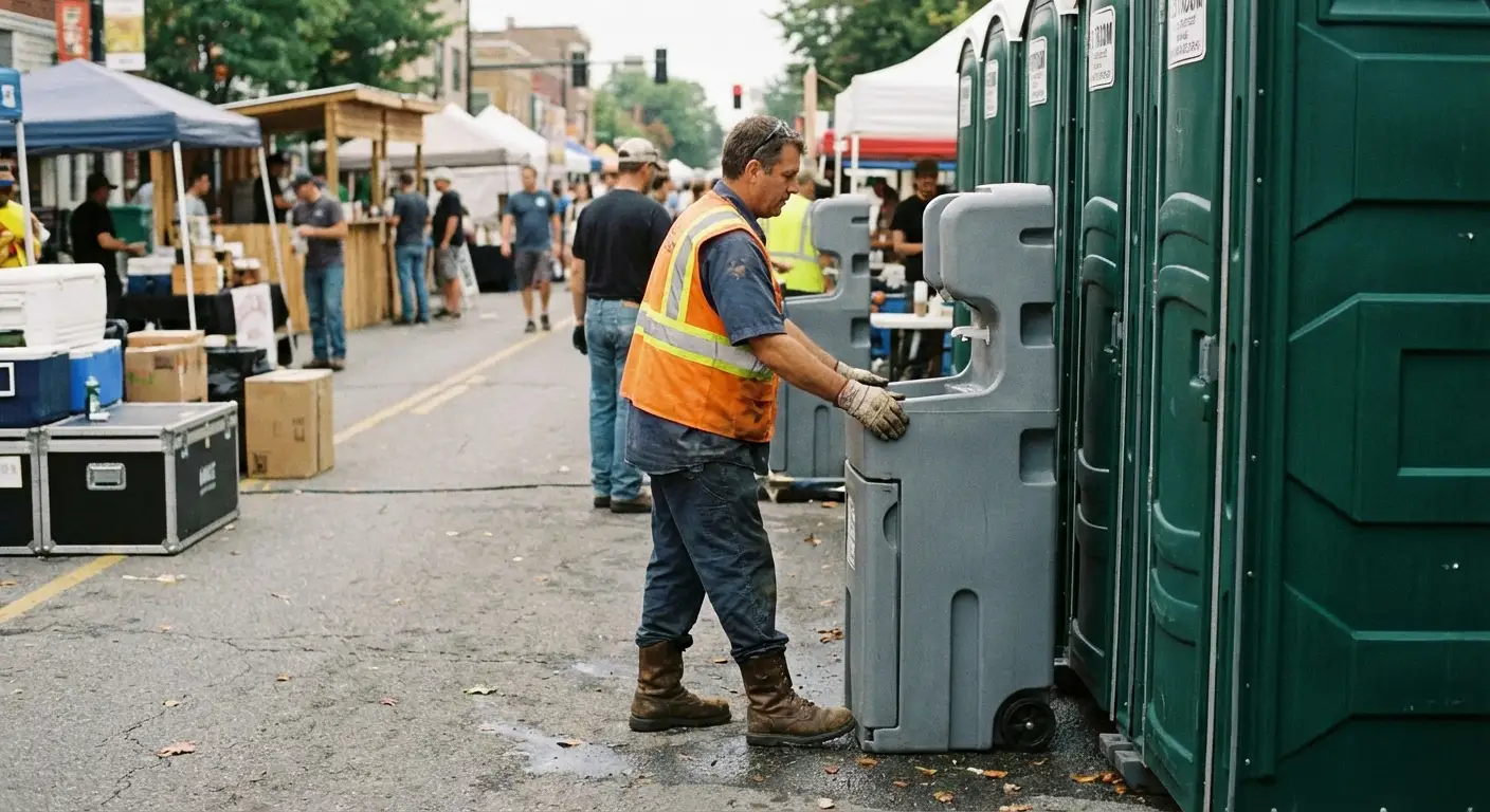 A row of pristine Special Event Portable Restrooms and hand wash stations lined up along a festival barrier with blurred crowds in the background. in Tulsa, OK