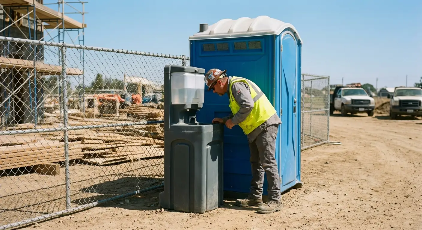 A close-up view of a portable hand wash station next to a portable toilet on a dirt construction site, focusing on the foot pump mechanism. in Tulsa, OK