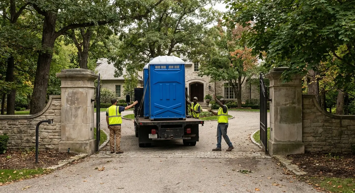Green Country Sanitation team navigating a complex delivery site in Tulsa