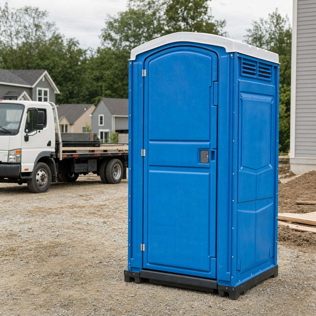 Delivery driver positioning a clean royal-blue portable toilet on level ground at a Tulsa worksite