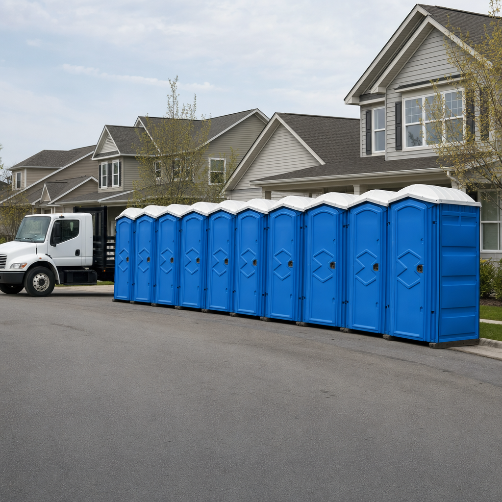 Royal blue portable toilets staged in a tidy row at a Tulsa jobsite, ready for delivery